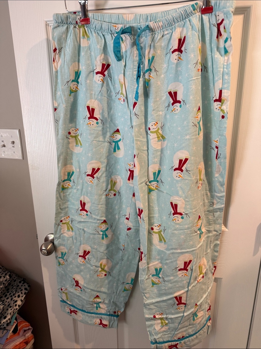 Adonna Light Blue Snowman Pajama Pants with Red & Teal Accents